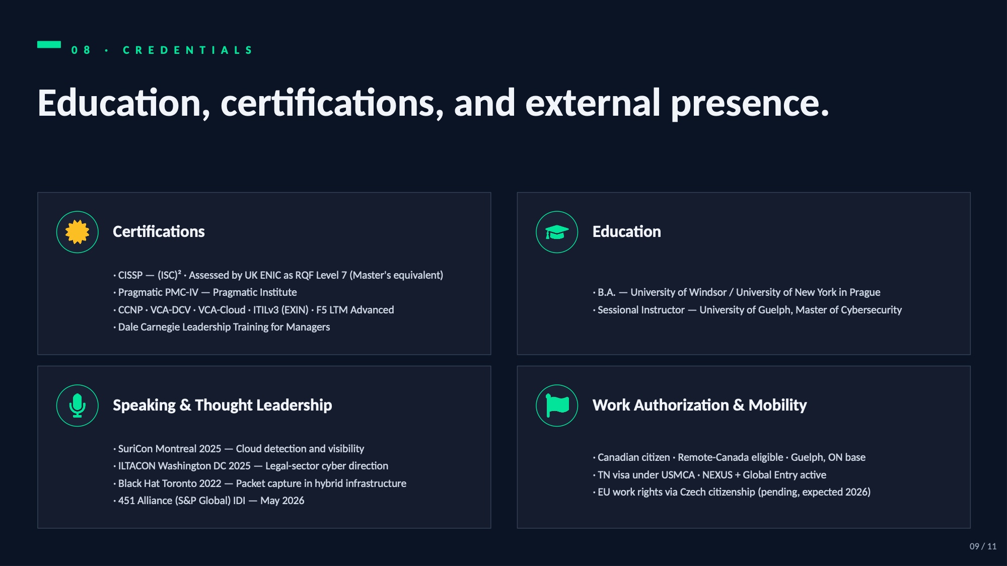 Credentials — CISSP, PMC-IV, certifications, speaking, work authorization